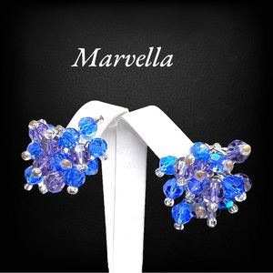 Vintage Marvella AB Blue, Purple & Clear Crystal Cluster Clip On Earrings